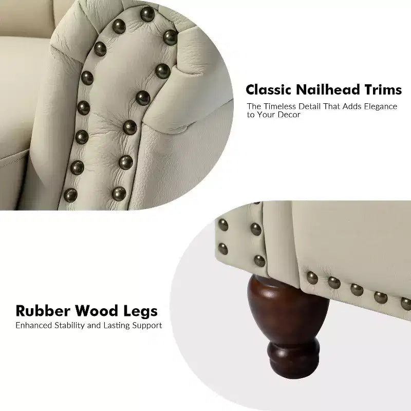 Fauteuil inclinable manuel en cuir véritable avec garniture cloutée - Salon et chambre à coucher