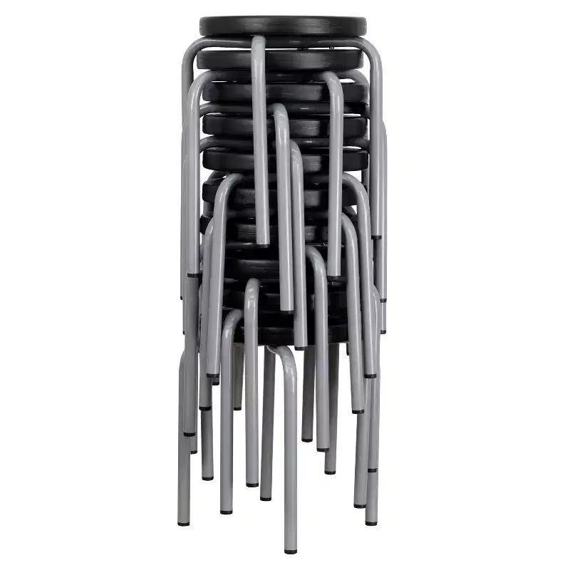 Tabouret empilable sans dossier, lot de 5 – Assise noire, structure thermolaquée argentée