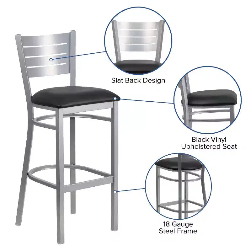 Lot de 2 tabourets de bar en métal avec dossier à lattes, couleur argent