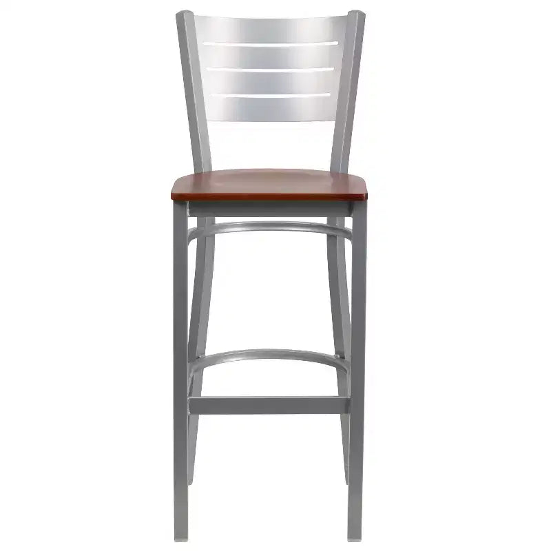 Lot de 2 tabourets de bar en métal avec dossier à lattes, couleur argent