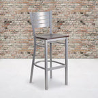 Lot de 2 tabourets de bar en métal avec dossier à lattes, couleur argent
