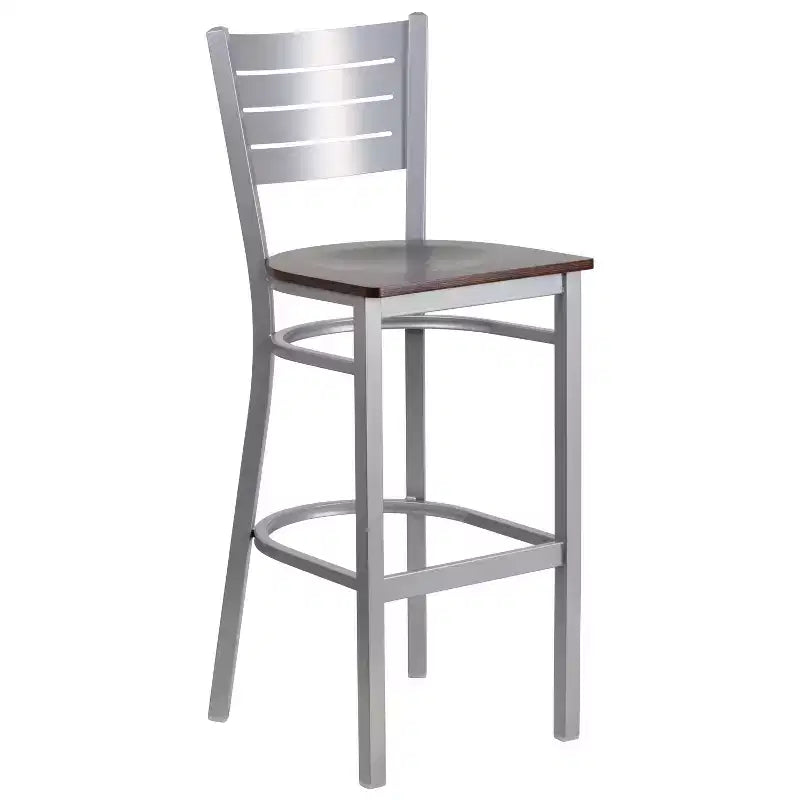Lot de 2 tabourets de bar en métal avec dossier à lattes, couleur argent
