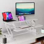 Convertisseur de bureau assis-debout réglable en hauteur, 38 po de large, avec ressort à gaz et plateau pour clavier - Blanc