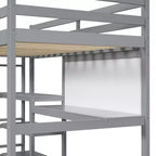 Lit mezzanine en bois avec étagères, bureau et tableau d'écriture