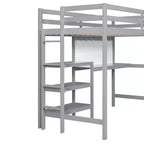 Lit mezzanine en bois avec étagères, bureau et tableau d'écriture