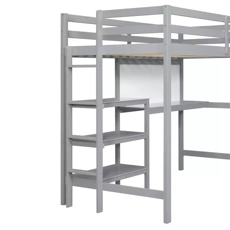 Lit mezzanine en bois avec étagères, bureau et tableau d'écriture