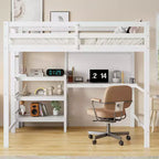 Lit mezzanine en bois avec étagères, bureau et tableau d'écriture