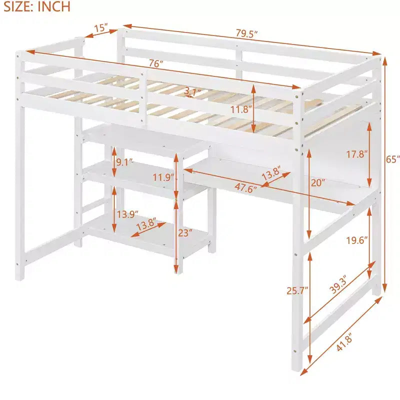 Lit mezzanine en bois avec étagères, bureau et tableau d'écriture