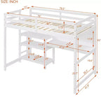 Lit mezzanine en bois avec étagères, bureau et tableau d'écriture