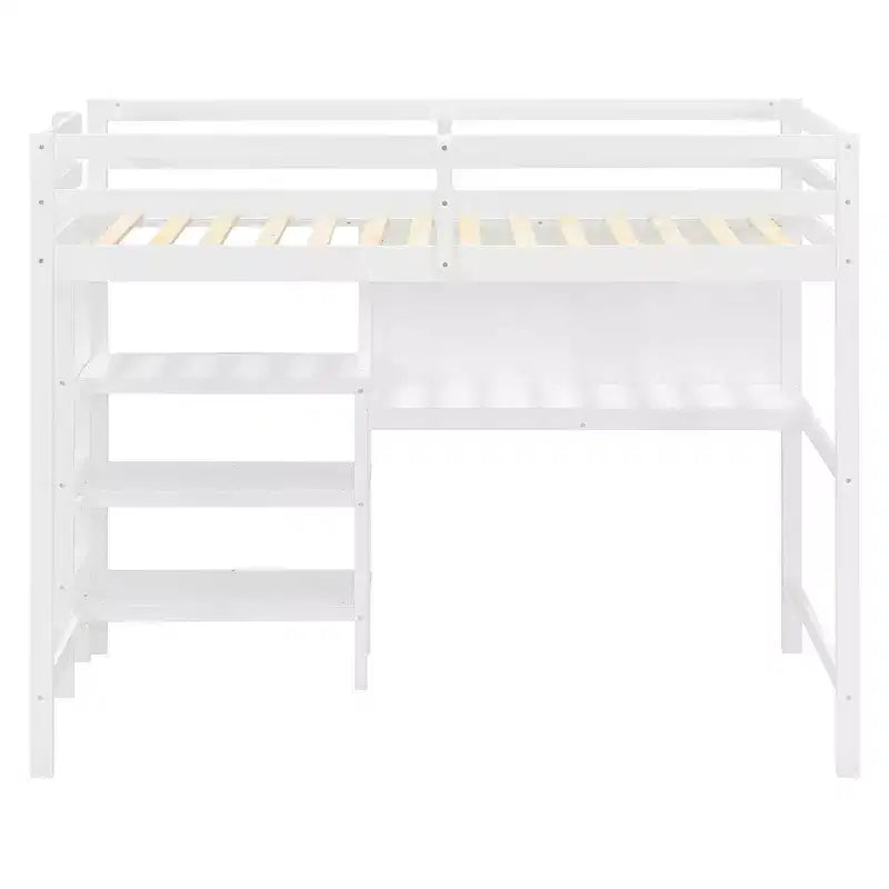 Lit mezzanine en bois avec étagères, bureau et tableau d'écriture
