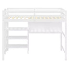 Lit mezzanine en bois avec étagères, bureau et tableau d'écriture