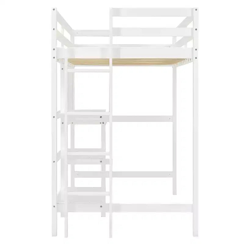 Lit mezzanine en bois avec étagères, bureau et tableau d'écriture