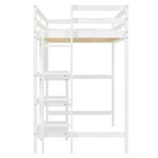 Lit mezzanine en bois avec étagères, bureau et tableau d'écriture