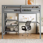 Lit mezzanine en bois avec étagères, bureau et tableau d'écriture