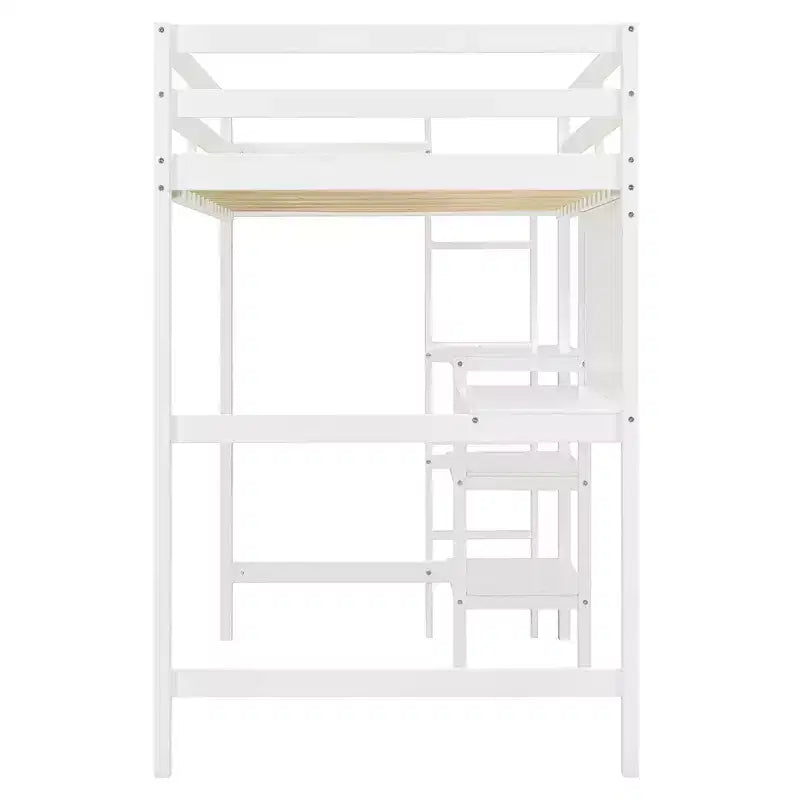 Lit mezzanine en bois avec étagères, bureau et tableau d'écriture