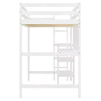 Lit mezzanine en bois avec étagères, bureau et tableau d'écriture