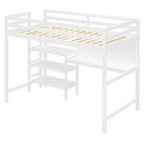 Lit mezzanine en bois avec étagères, bureau et tableau d'écriture