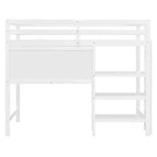 Lit mezzanine en bois avec étagères, bureau et tableau d'écriture