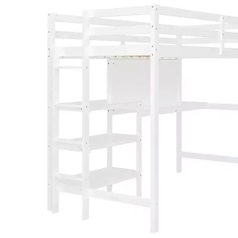 Lit mezzanine en bois avec étagères, bureau et tableau d'écriture