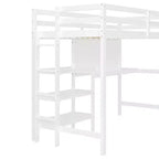 Lit mezzanine en bois avec étagères, bureau et tableau d'écriture