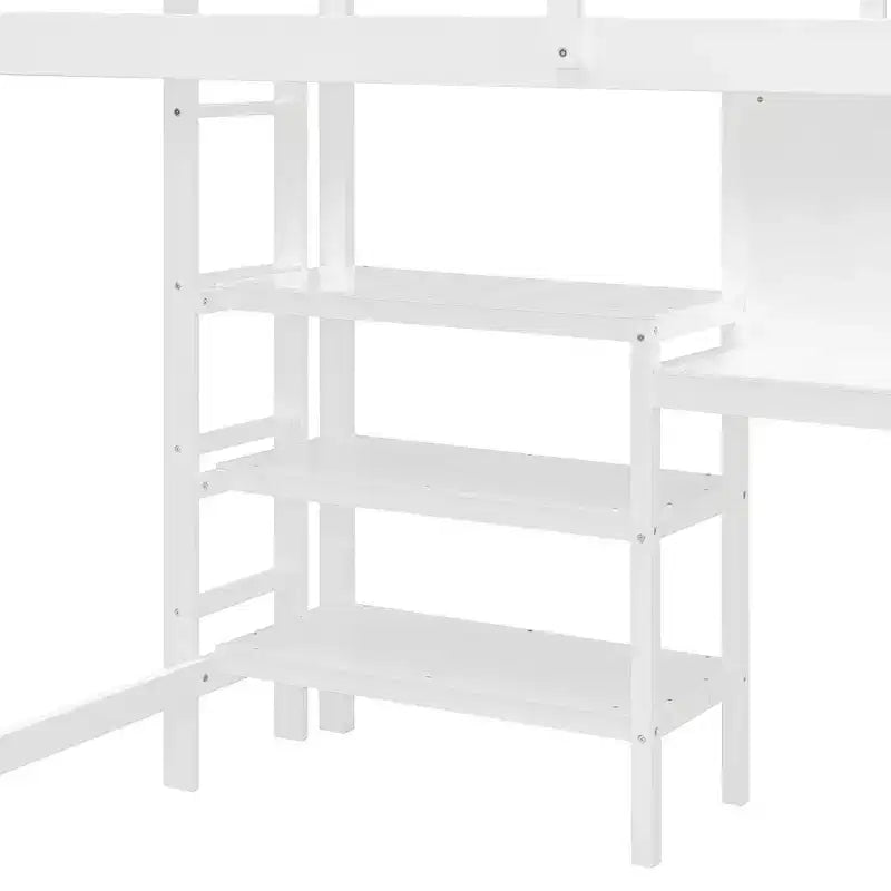Lit mezzanine en bois avec étagères, bureau et tableau d'écriture