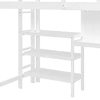Lit mezzanine en bois avec étagères, bureau et tableau d'écriture