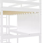 Lit mezzanine en bois avec étagères, bureau et tableau d'écriture