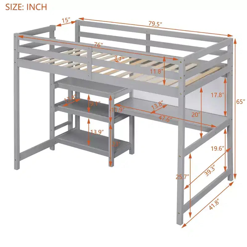 Lit mezzanine en bois avec étagères, bureau et tableau d'écriture