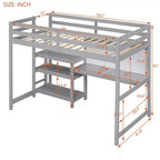 Lit mezzanine en bois avec étagères, bureau et tableau d'écriture