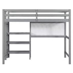 Lit mezzanine en bois avec étagères, bureau et tableau d'écriture
