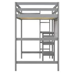 Lit mezzanine en bois avec étagères, bureau et tableau d'écriture