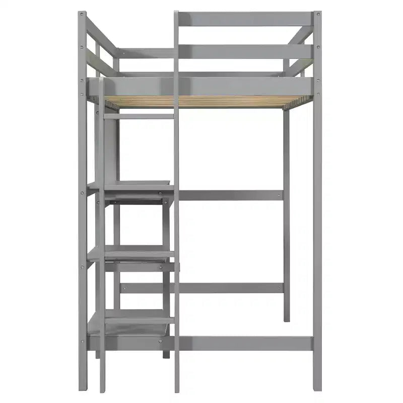 Lit mezzanine en bois avec étagères, bureau et tableau d'écriture
