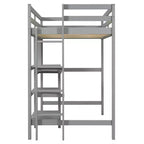Lit mezzanine en bois avec étagères, bureau et tableau d'écriture