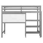 Lit mezzanine en bois avec étagères, bureau et tableau d'écriture