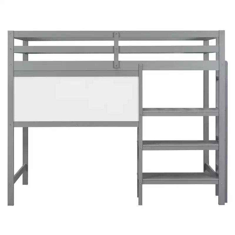 Lit mezzanine en bois avec étagères, bureau et tableau d'écriture