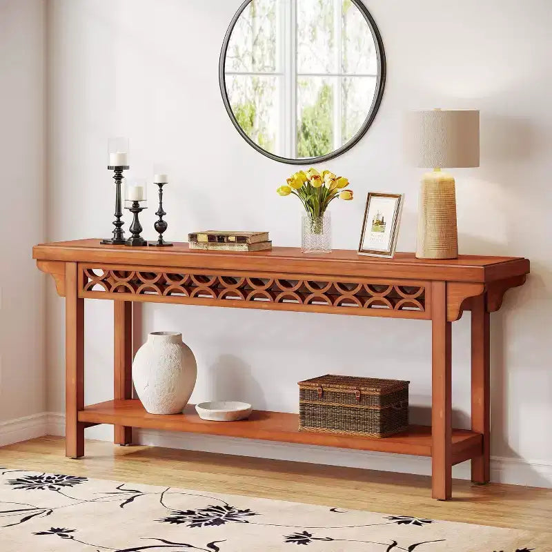 Table console longue 70,8" en bois massif - Style ferme, Gris, Étroite