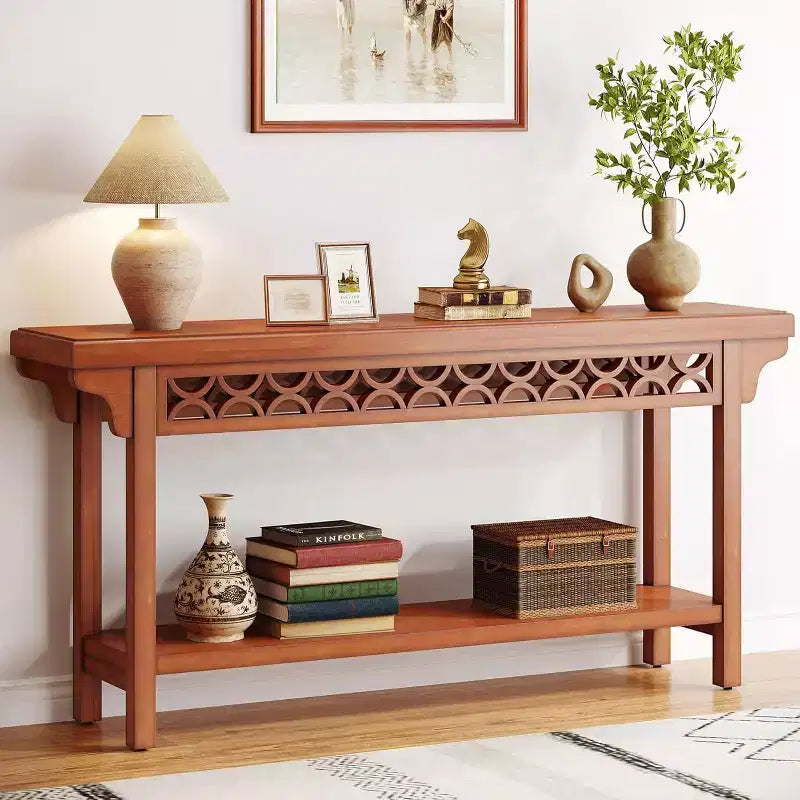 Table console longue 70,8" en bois massif - Style ferme, Gris, Étroite