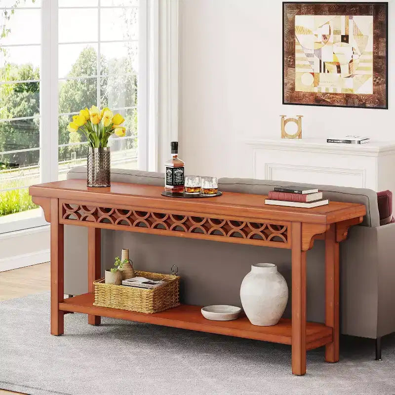 Table console longue 70,8" en bois massif - Style ferme, Gris, Étroite