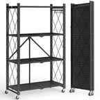Foldable Storage Shelf 4-Tier with Wheels 600 lbs Capacity No Assembly Steel Rack Black