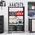 Étagère de rangement pliable à 4 niveaux avec roulettes, capacité de 272 kg, aucun assemblage requis, en acier noir