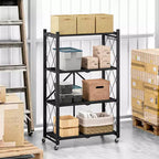 Étagère de rangement pliable à 4 niveaux avec roulettes, capacité de 272 kg, aucun assemblage requis, en acier noir