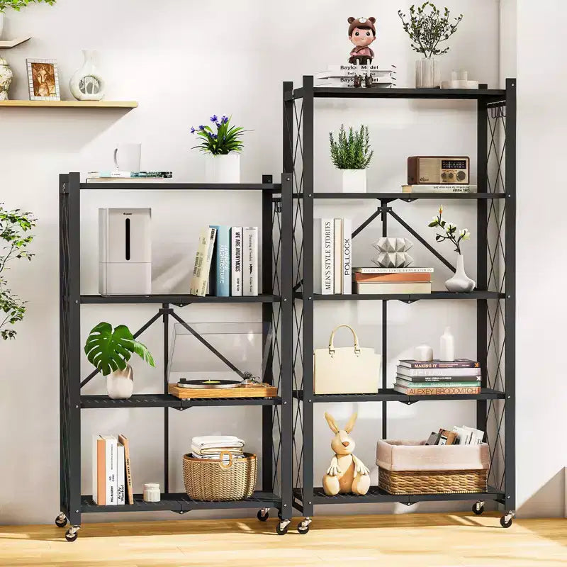 Étagère de rangement pliable à 4 niveaux avec roulettes, capacité de 272 kg, aucun assemblage requis, en acier noir