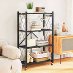Étagère de rangement pliable à 4 niveaux avec roulettes, capacité de 272 kg, aucun assemblage requis, en acier noir