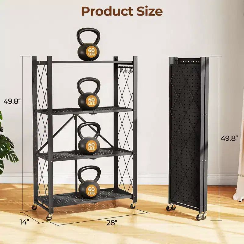 Étagère de rangement pliable à 4 niveaux avec roulettes, capacité de 272 kg, aucun assemblage requis, en acier noir