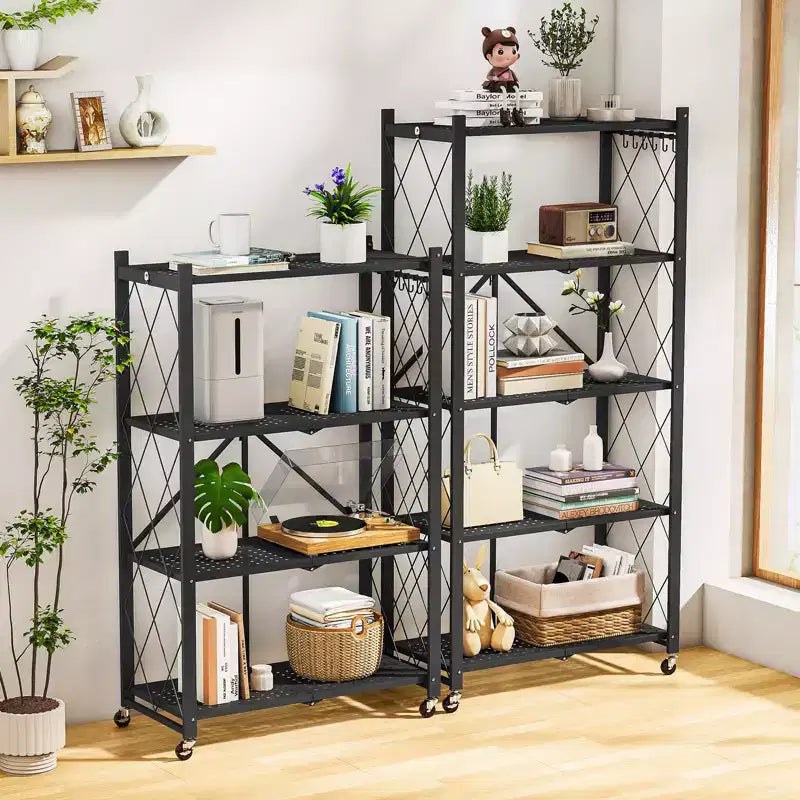 Étagère de rangement pliable à 4 niveaux avec roulettes, capacité de 272 kg, aucun assemblage requis, en acier noir
