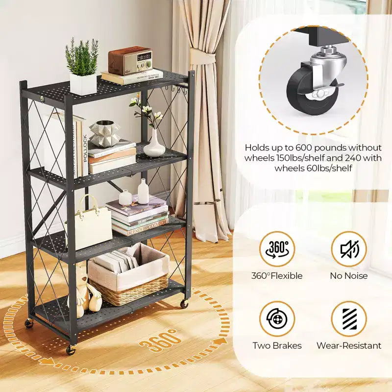 Étagère de rangement pliable à 4 niveaux avec roulettes, capacité de 272 kg, aucun assemblage requis, en acier noir