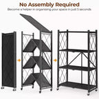 Étagère de rangement pliable à 4 niveaux avec roulettes, capacité de 272 kg, aucun assemblage requis, en acier noir