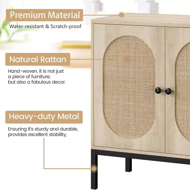 Meuble buffet, armoire de rangement en rotin avec portes et étagères