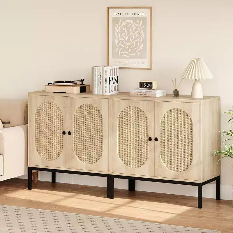 Meuble buffet, armoire de rangement en rotin avec portes et étagères