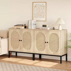 Meuble buffet, armoire de rangement en rotin avec portes et étagères